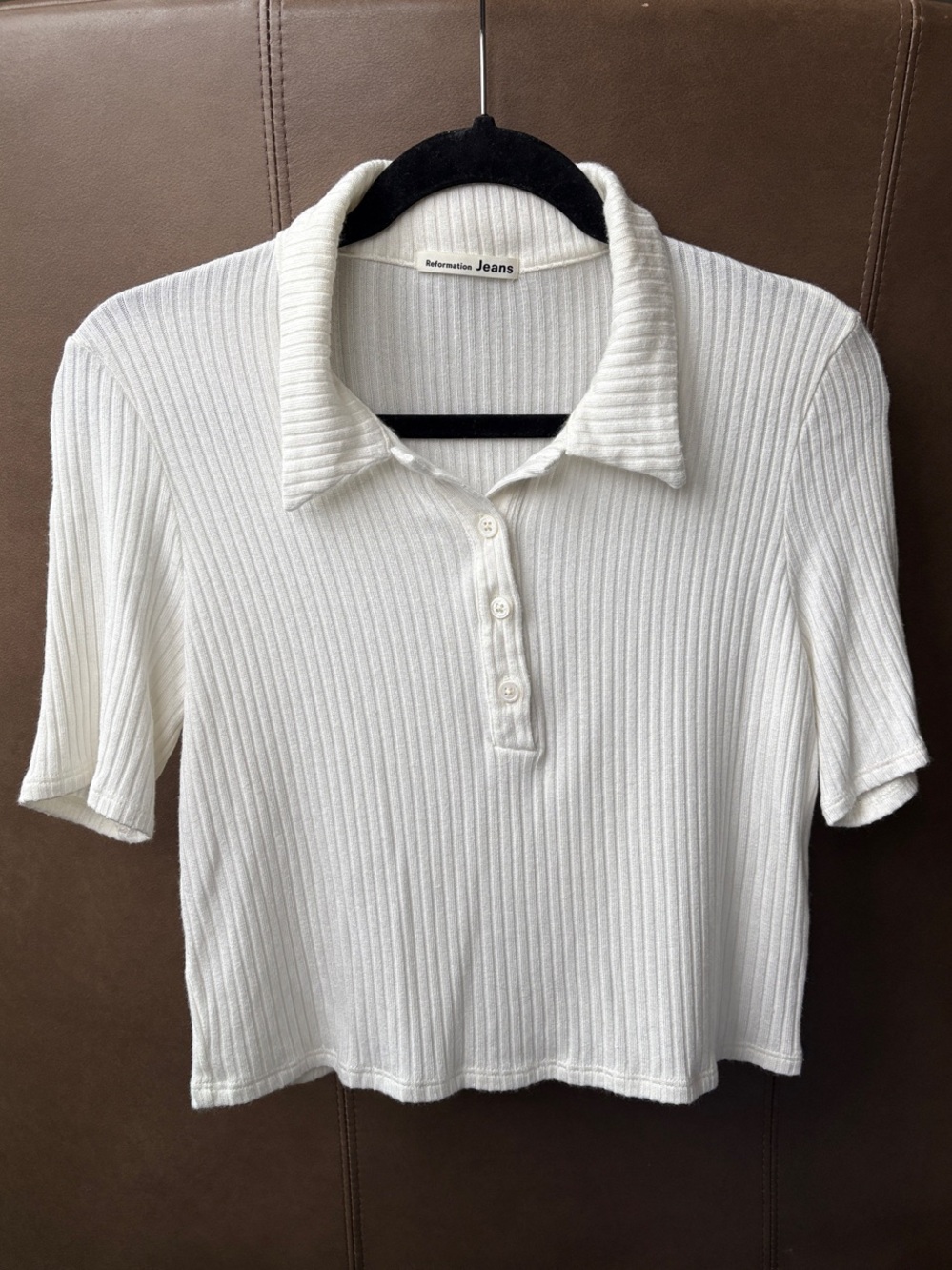 Reformation Jeans White Ribbed Knit Short Sleeve Polo Top - Size L